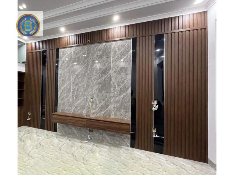 Trang trí vách Tivi bằng tấm ốp nhựa Lam Sóng+ tấm ốp PVC vân đá